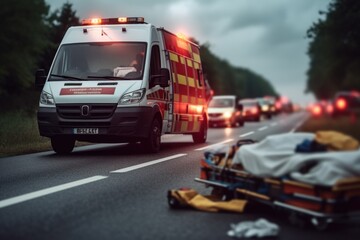 Fototapeta na wymiar Vehicle accident on highway road. Ambulance car go in hospital