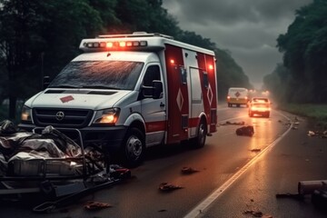 Vehicle accident on highway road. Ambulance car go in hospital