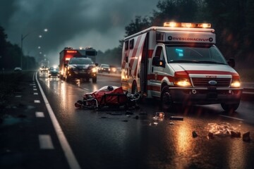 Vehicle accident on highway road. Ambulance car go in hospital - obrazy, fototapety, plakaty