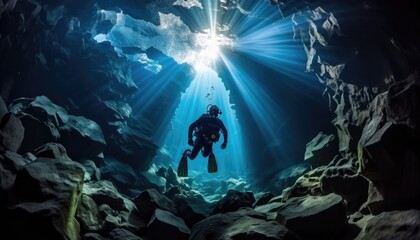 photo of a diver under the sea - obrazy, fototapety, plakaty