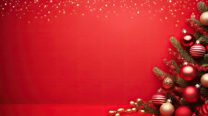 Christmas background with xmas tree and sparkle bokeh lights on red canvas background. Merry christmas card. Winter holiday theme. Happy New Year. Space for text, top view	
