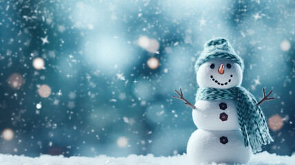 Adorable Snowman in a Frosty Landscape with Falling Snowflakes