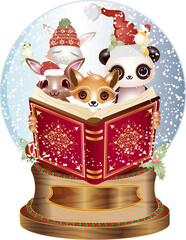 Tiere lesen in einer Schneekugel zu Weihnachten. Kawaii Tiere sitzen in einer Schneekugel und lesen ein rotes Buch