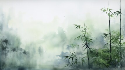 Tranquil Bamboo Forest: Morning Mist on Old Paper Painting

