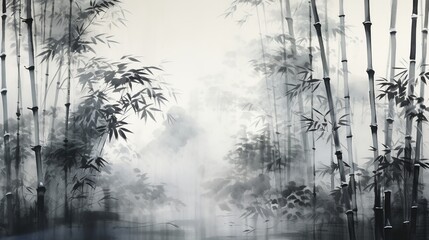 Tranquil Bamboo Forest: Morning Mist on Old Paper Painting


