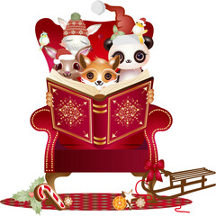 Tiere lesen ein Buch im Ohrensessel zu Weihnachten.Kawaii Tiere haben es sich gemütlich gemacht und lesen ein rotes Buch