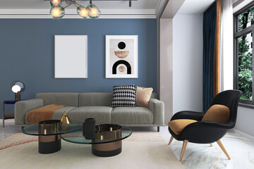 Stylish Living Room with a Pop of Color, Top Blue background, Wall Frame Vectors Artwork design
