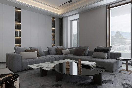 Minimalist Living Room with Sleek and Modern Sofa, Marble Round Table, Excellent Wall Unit concept