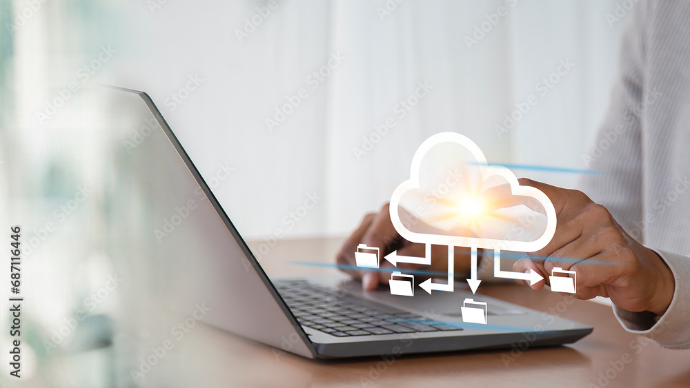 Wall mural cloud computing shown in hand cloud technology data storage, data transfer, network and internet ser