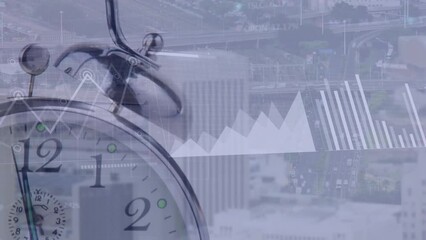 Animation of alarm clock moving fast over statistics and cityscape - Powered by Adobe