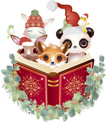 Tiere lesen die Weihnachtsgeschichte zur Weihnacht.Kawaii Tiere haben es sich gemütlich gemacht und lesen ein rotes Buch