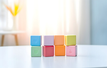 production photography children's toy cubes on a white wooden table soft light