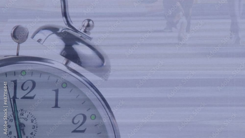 Poster animation of alarm clock moving fast over people walking in fast pace on zebra crossing