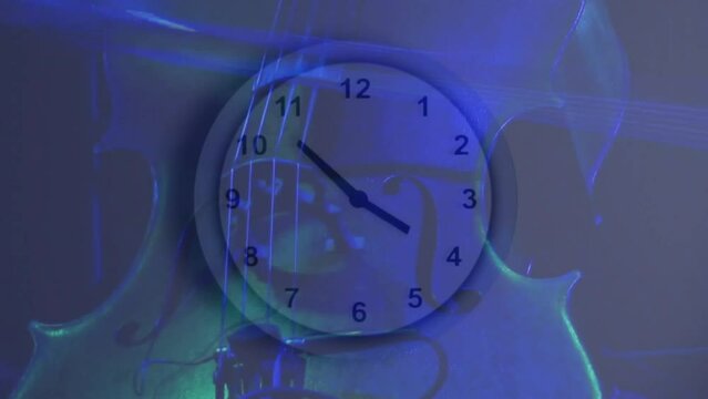 Animation of alarm clock moving fast over woman playing violin