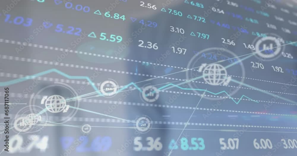 Poster Animation of network of connections with icons and financial data processing