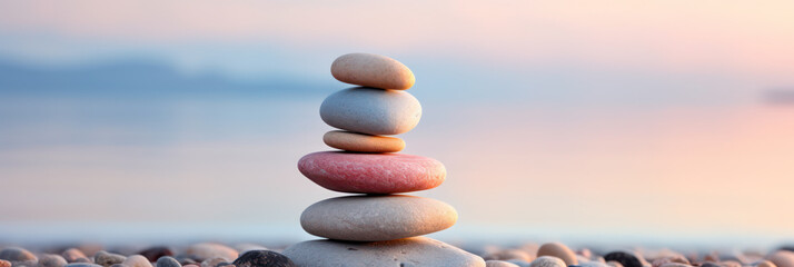 Zen stone tower with peaceful sea and sky bokeh