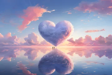 Foto op Canvas Cloud in the form of a heart is reflected in the water. Cloud heart figure shape in the water. Valentine's Day. Lovers. Fluffy cumulus cloud looks like a heart. Valentine's day symbol. © Vladimir Sazonov