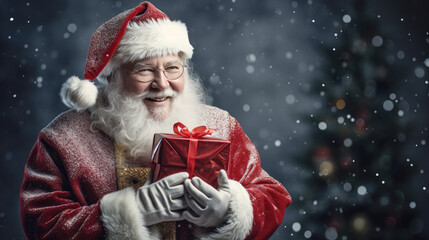 Portrait of happy senior man in Santa costume holding gift box