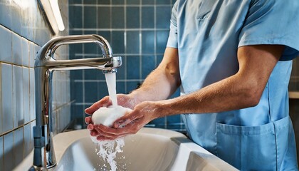 Un doctor, médico o cirujano lavándose las manos con jabón y agua del grifo, cumpliendo las normas de higiene. Esta imagen es ideal para proyectos relacionados con la salud, higiene y prácticas médica - obrazy, fototapety, plakaty