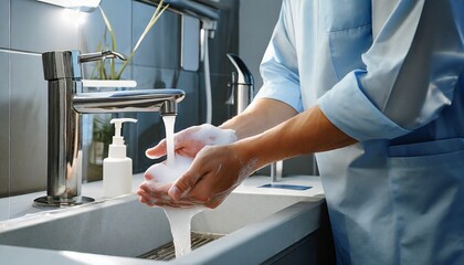 Un doctor, médico o cirujano lavándose las manos con jabón y agua del grifo, cumpliendo las normas de higiene. Esta imagen es ideal para proyectos relacionados con la salud, higiene y prácticas médica - obrazy, fototapety, plakaty