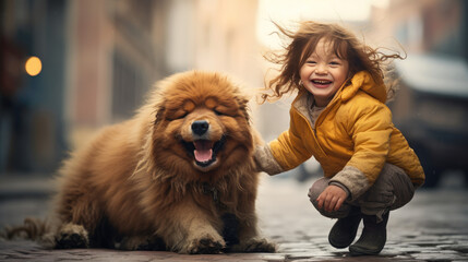 Happy little girl playing with a dog on the street in the city