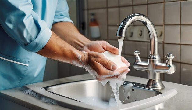 Un doctor, médico o cirujano lavándose las manos con jabón y agua del grifo, cumpliendo las normas de higiene. Esta imagen es ideal para proyectos relacionados con la salud, higiene y prácticas médica