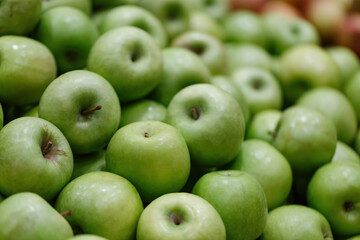 Selective focus of fresh green apples background, close up. Backgrounds of ripe juicy apples fruits from market. Picked apple, natural freshness, vegetarian food, diet. Jewish New Year, Rosh Hashanah