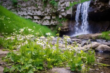 Shot of wildflowers growing near the foot of a waterfall