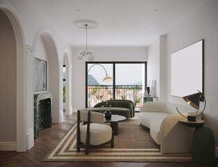 Obraz na płótnie Canvas Open window lake side apartment living room interior design ideas for smart living