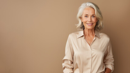 Businesswoman, 60s, white hair, cream background
