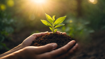 hand holding young plant with sunlight. concept eco earth day. Sunlight And Flare Effects