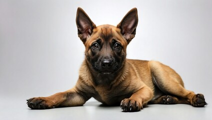Belgian Malinois puppy laying down with alert ears in a minimalist studio, showcasing attentive expression