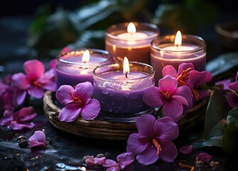Obraz na płótnie Canvas Beautiful purple burning candles next to fresh orchids. Theme of relaxation and aromatherapy.