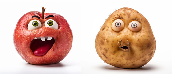 Fototapeta premium Wrinkled apple and potato with cartoony eyes, isolated on white background