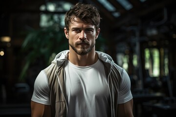 Obraz premium A pumped up athletic man with big biceps looks at the camera. Theme of health and physical activity.