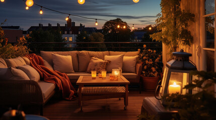 Cozy Rooftop Terrace with Lanterns and String Lights in Autumn