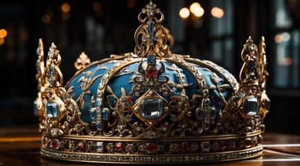 Beautiful rich royal crown with precious stones. Close-up photo.