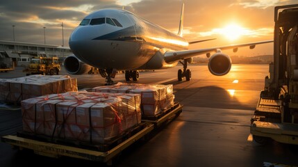 Packed boxes with goods stand near the plane. Transportation of large-size cargo.