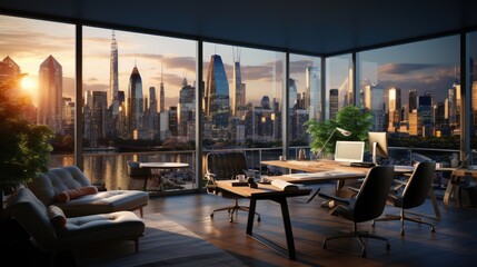 Magnificent panoramic views through the large glass windows of the office building over the huge city.
