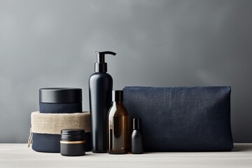 Obraz na płótnie Canvas Chic skincare bottles in a rich navy blue, presented on a textured linen background. Space on labels for custom text, copy space on blank label.