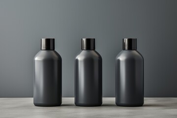 Contemporary minimalist skincare bottles in a cool graphite grey, arranged on a sleek metallic surface. Blank label areas for text, copy space on blank label.