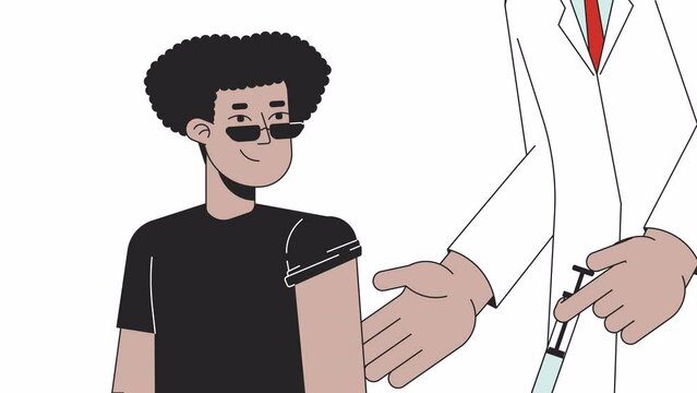 Latino student immunization male doctor line 2D characters animation. Vaccine inoculation flat color cartoon 4K video, alpha channel. Hispanic boy getting flu shot animated people on white background