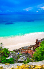 Natural seascape panorama beach view Tulum ruins Mayan site Mexico.