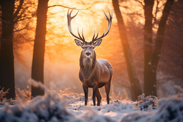 Red deer standing on frost snow in the forest