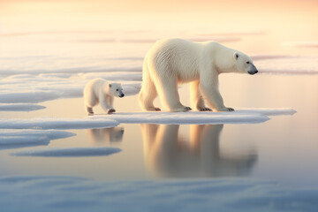 Mom and baby polar bear walking together - obrazy, fototapety, plakaty