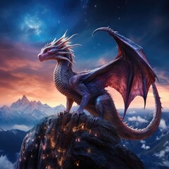 A mystical magical dragon sits on a huge rock against the backdrop of thunderclouds.