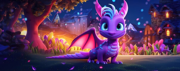 A beautiful cute purple magic dragon with big kind eyes sits against the backdrop of a fairy forest. A wonderful and sweet character. - obrazy, fototapety, plakaty