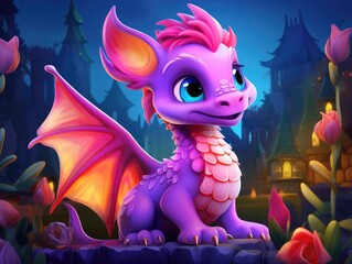 A beautiful cute purple magic dragon with big kind eyes sits against the backdrop of a fairy forest. A wonderful and sweet character.