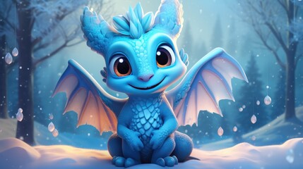 Obraz premium Cute funny charming dragon sits on the snow. Against the background of a winter forest. Symbol of the New Year.