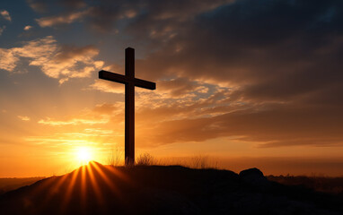 Cruz de jesus cristo em lindo pôr do sol, simbolo religioso de fé e ressurreição cristã 